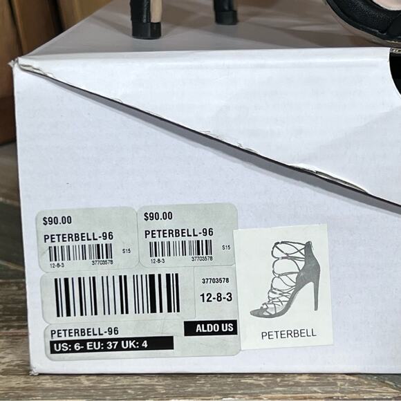 Aldo Peterbell Black Leather Gold Strappy Gladiator Open Toe Heels Womens 6.5 - Picture 13 of 14